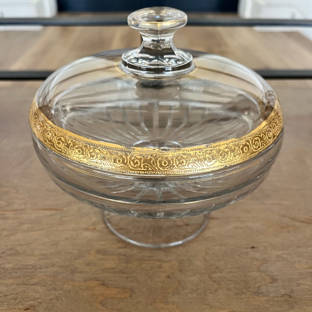 Tiffin Elegant Glass Candy Dish with Gold Trim